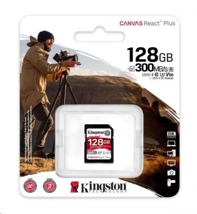 Kingston SDXC karta 128GB Canvas React Plus SDXC UHS-II 300R/260W U3 V90 for Full HD/4K/8K 