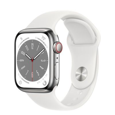 Apple Watch Series 8 GPS + Cellular, 41 mm Koperta ze stali nierdzewnej w kolorze srebrnym z paskiem sportowym w kolorze białym - regular